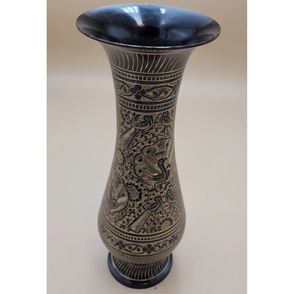 Vintage Etched Brass Peacock Vase Black Floral Engraved Metal Decor 9.5 Inch